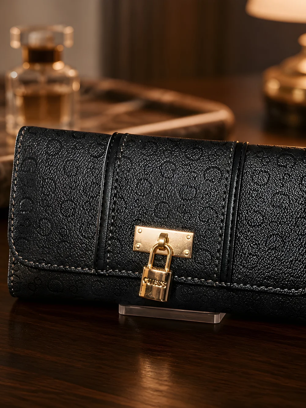 Guess Black Textured Leather Clutch with Gold Padlock